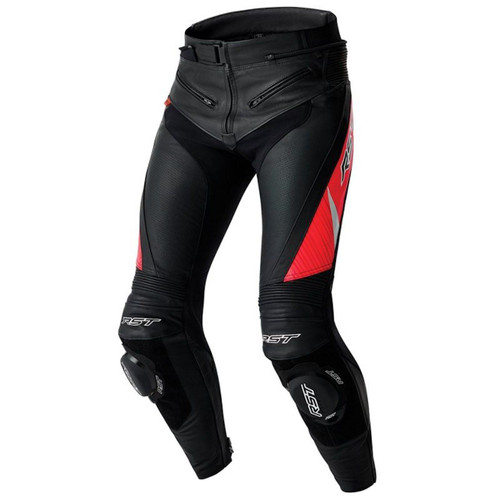 RST TRACTECH EVO D3O LEATHER PANTS BLACK/ FLO RED, black motorcycle leather pants with red and gray accents, impact protection armor at the knees, and zippered ventilation pockets.
