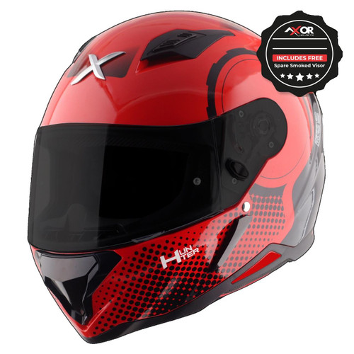 AXOR HUNTER SPEAR RED GLOSS motorcycle helmet with aerodynamic design, black tinted visor, and stylish red and black color scheme, available at Webbs Motorcycles.