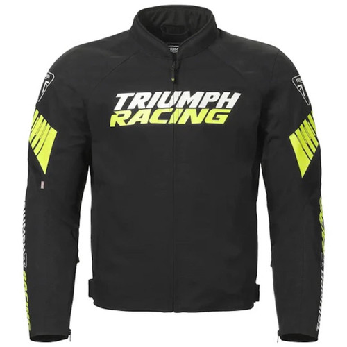 Triumph Race Logo Jacket – Black / Fluro, a black racing jacket with Triumph Racing logo in white and yellow on the front, featuring yellow accents on the sleeves.