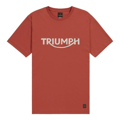 Triumph Bamburgh Tee Rust, Rust-colored casual T-shirt with Triumph logo and smile graphic on front, displayed at Webbs Motorcycles.