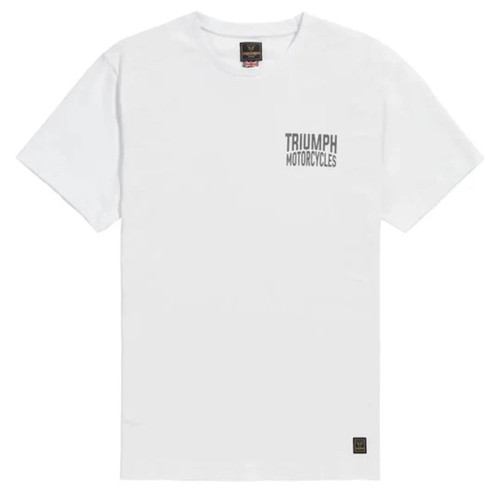 TRIUMPH END GAME TEE – WHITE, white T-shirt with black Triumph Motorcycle logo on the front