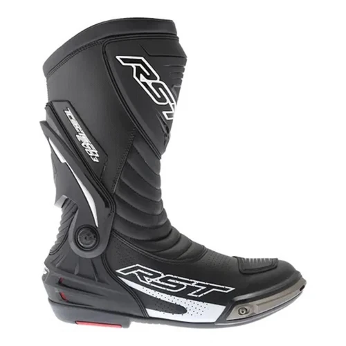 RS Tractech EVO III Sport Boot Black, a black motorcycle sport boot with protective padding, sturdy design, and stylish white and silver accents.