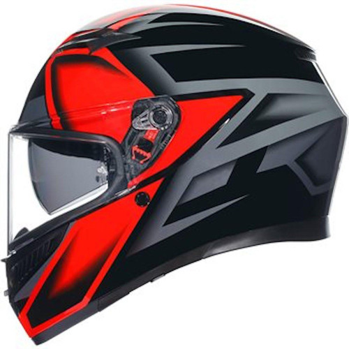 AGV K3 COMPOUND HELMET – BLACK / RED – FULL FACE, motorcycle helmet with black and red design, full-face coverage, and clear visor at Webbs Motorcycles.