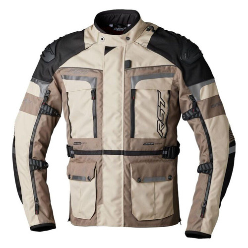 RST PRO SERIES ADVENTURE-X CE MENS TEXTILE JACKET SAND/BROWN, men's adventure motorcycle jacket in sand and brown with black accents, multiple zippered pockets, adjustable straps, and protective padding for riding.