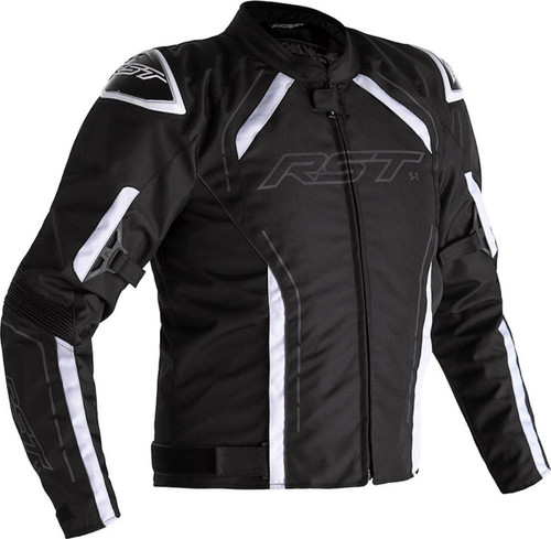 RST S1 CE Mens Textile Jacket Black/White, motorcycle textile jacket with protective padding, black with white accents, zipper front, and sports design, suitable for riding.