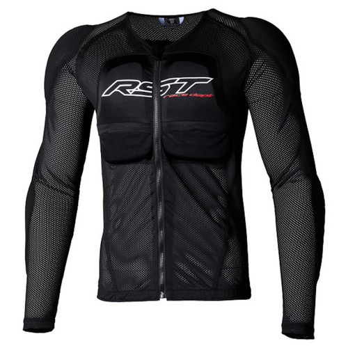 RST TEXTILE JACKET – LEVEL 2 ARMOUR SHIRT, motorcycle textile jacket with black mesh fabric and protective chest padding, suitable for motorcycle riding safety.