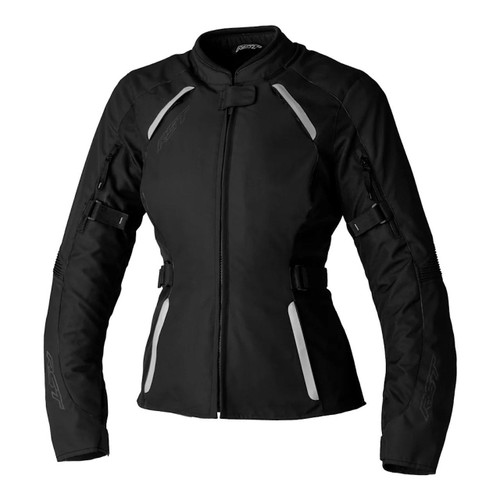 RST AVA CE LADIES TEXTILE JACKET – BLACK, black textile motorcycle jacket with reflective accents and adjustable straps at the waist and sleeves for women.