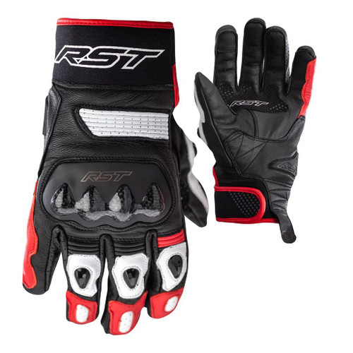 RST FREESTYLE 2 CE Mens Gloves, black, red, and white motorcycle gloves with protective knuckle guards, breathable mesh panels, and reinforced palm for motorcycling safety and comfort.