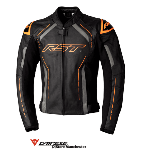 RST S1 CE Men's Leather Jacket Black/Grey/Orange, black and grey men's motorcycle leather jacket with orange accents from Webbs Motorcycles.