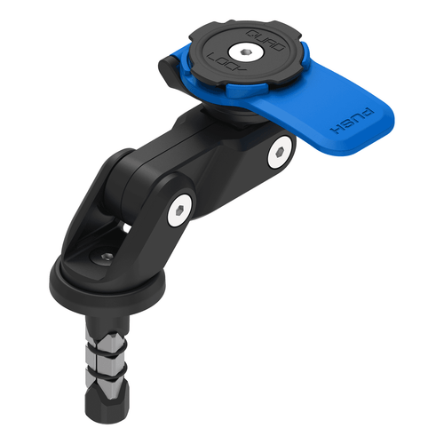 Quad Lock Motorcycle Fork Stem Mount V2, black and blue mount for attaching devices to motorcycle forks at Webbs Motorcycles.