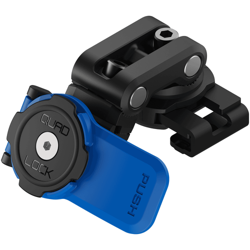 Quad Lock Motorcycle Brake Reservoir Mount, black and blue mounting accessory for secure brake fluid reservoir attachment on motorcycles.