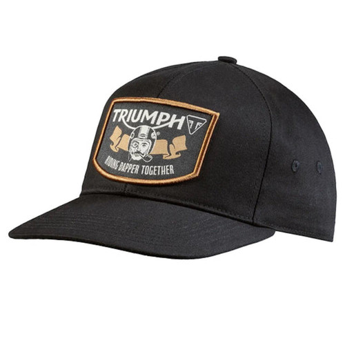 TRIUMPH CLARENCE DGR CAP, black cap with embroidered patch featuring Triumph logo, a man's face, and the slogan 'Making Dapper Together'.