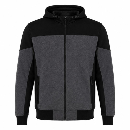Venti Enigma Kevlar Riding Hoodie Dark Grey, a men's motorcycle hoodie with black and dark grey color-block design, zip-up front, and adjustable drawstrings at the hood, ideal for motorcycle riding at Webbs Motorcycles.
