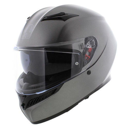 AGV K3 SOLID – MATT RODIO GREY – FULL FACE motorcycle helmet at Webbs Motorcycles, 3D side view of matte grey full face helmet with tinted visor and ventilation vents.