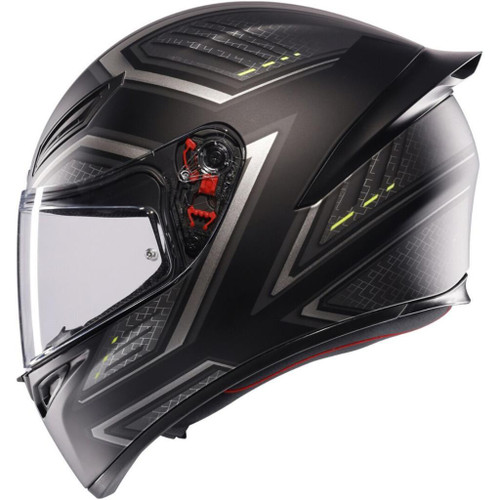 AGV K1-S SLING Full Face Motorcycle Helmet in Black and Grey at Webbs Motorcycles, featuring a sleek aerodynamic design, clear visor, and advanced safety features.