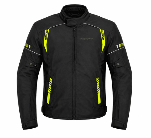 VENTI TRACK SPORT WATERPROOF TEXTILE JACKET BLK/YELLOW, black and yellow waterproof textile motorcycle jacket with reflective accents and multiple pockets.