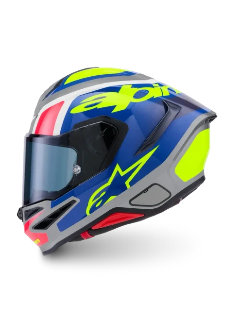 Alpinestars S-R7 Lumen full face helmet in Silver, Black, Pink, and Yellow Fluo glossy finish, featuring a modern design and visor for motorcycle riding at Webbs Motorcycles.