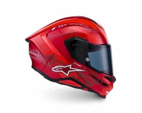ALPINESTARS S-R7 A-CORE – RED / WHITE GLOSSY – FULL FACE HELMET, a glossy red and white motorcycle helmet with a black visor and aerodynamic design.