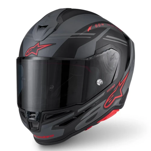 Alpinestars S-R7 A-CORE full face helmet in Black, Grey, and Red Matte finish, featuring aerodynamic design with a tinted visor and advanced safety features.
