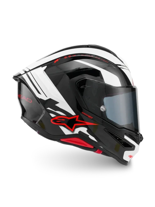 ALPINESTARS S-R7 A-CORE – BLACK / WHITE / RED GLOSSY – FULL FACE HELMET, front view, with aerodynamic design, clear visor, and sporty graphics in black, white, and red.