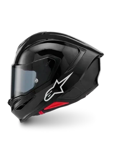 ALPINESTARS S-R7 SOLID – BLACK GLOSSY – FULL FACE HELMET, a sleek and glossy black full-face motorcycle helmet with aerodynamic design and clear visor at Webbs Motorcycles.