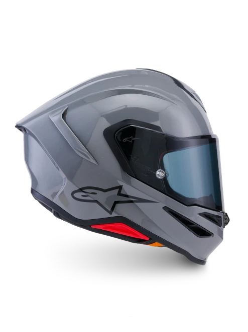 ALPINESTARS S-R7 SOLID – GREY GLOSSY – FULL FACE HELMET, sleek grey glossy full-face motorcycle helmet with tinted visor and aerodynamic design at Webbs Motorcycles.