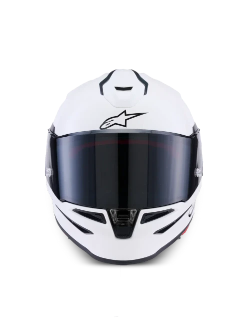 ALPINESTARS S-R7 SOLID – WHITE GLOSSY – FULL FACE HELMET, white glossy full face motorcycle helmet with black visor and aerodynamic vents.