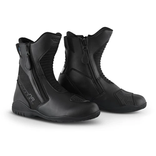 VENTI MAX H20 ZIP BOOT BLACK, a pair of black waterproof motorcycle zip boots with a sleek design, reinforced toe and heel areas, and zipper closures for secure fit at Webbs Motorcycles.