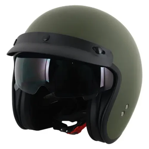 STEALTH OPEN FACE HELMET – MATT GREEN WITH PEAK & SUN VISOR, front view of a matte green open face motorcycle helmet with a sun visor and peak.