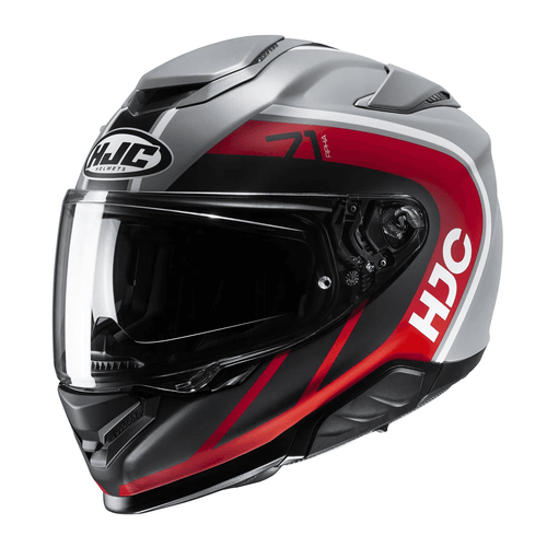 HJC RPHA 71 Mapos Helmet Red, full-face motorcycle helmet with a grey, black and red graphic design, clear visor and aerodynamic vents, shown against a white background.