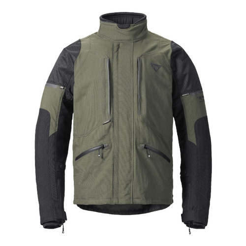 TRIUMPH CRANBOURNE WATERPROOF TEXTILE JACKET KHAKI, front view of a khaki motorcycle jacket with black sleeves, a high collar and multiple zip pockets.