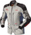 RST PRO SERIES ADVENTURE D3O TEXTILE JACKET SILVER/BLUE, a detailed view of an adventure motorcycle jacket with protective armor, multiple zippers, and branding in red and black.