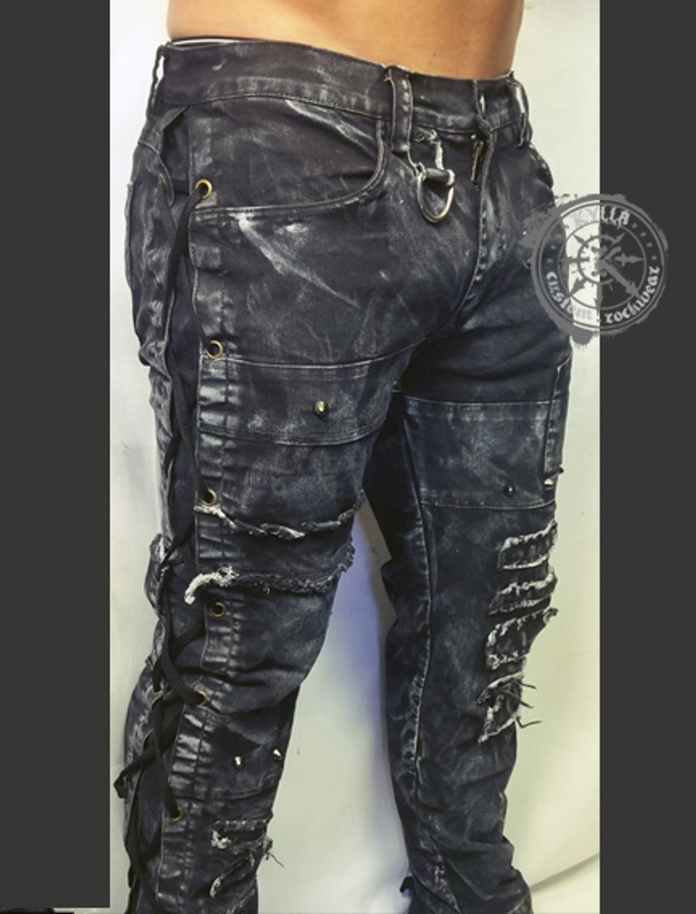 øjeblikkelig mount Dripping EXECUTOR Jeans -Side-Lace Distressed Denim - Men's 32-40