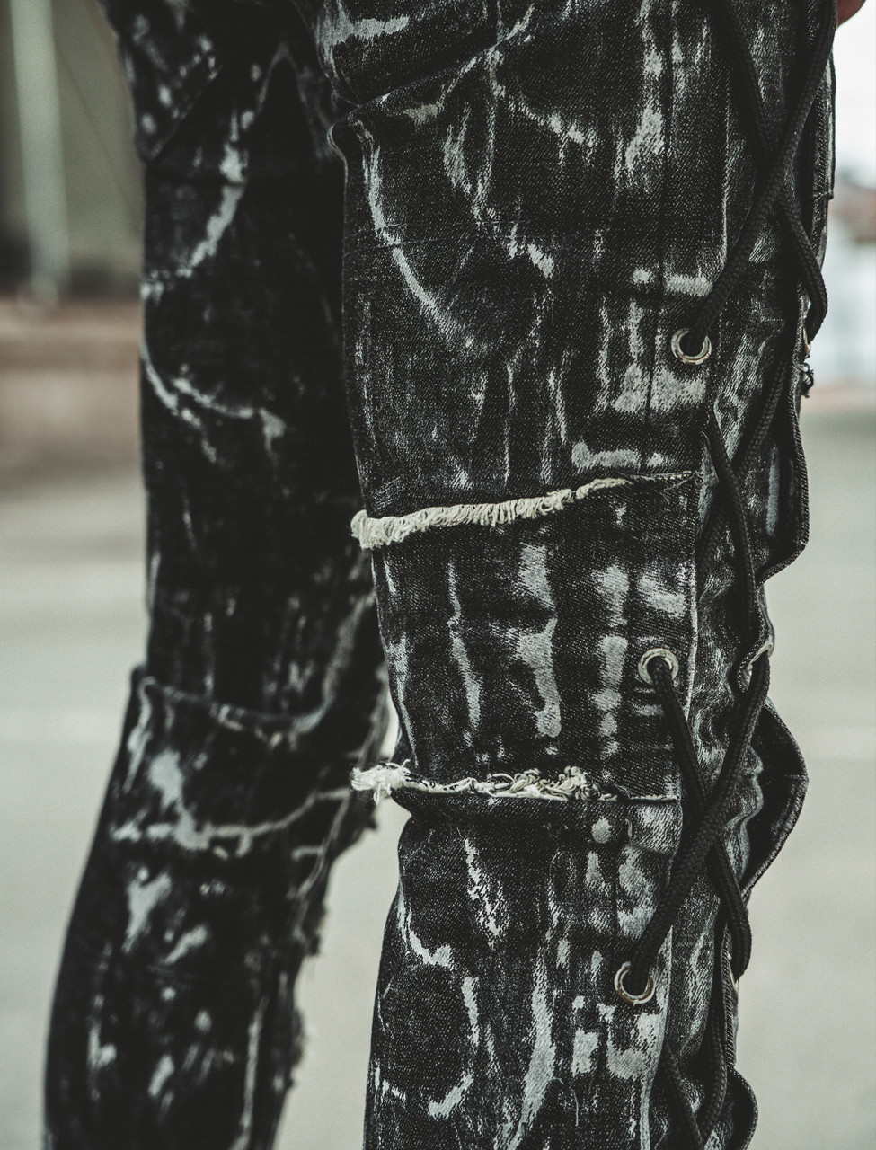 【SETUP-EXE】24fw SIDE BEADS PANTS EXECUTOR Jeans -Side-Lace Distressed Denim - Men's 32-40