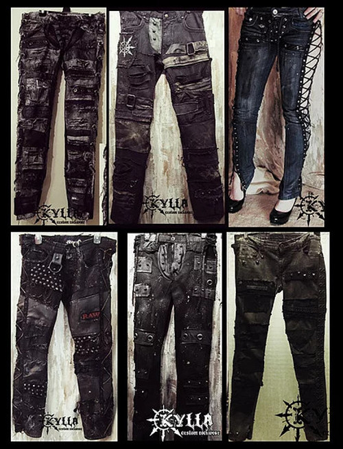 Kylla Custom distressed denim and leather jeans stage jeans rockstar pants