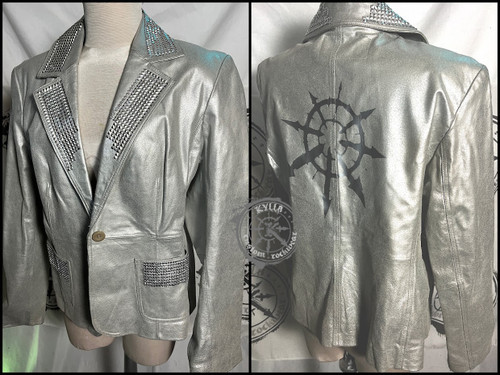 Silver genuine leather vest sizeM - L with studs and chaos symbol - futuristic scifi glam steampunk goth wrestling