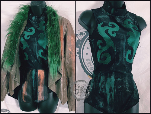 PANGAEA - Women's Wrestling Gear with leather entrance jacket - One of a Kind- Dark Elf theme  size M kylla custom rock wear