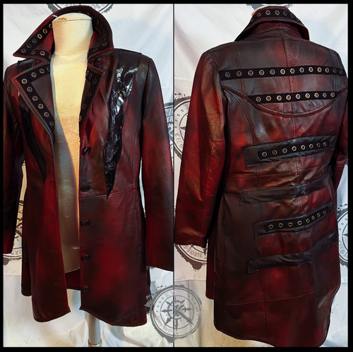 Women's Steampunk Genuine Leather Burgundy Oxblood trenchcoat fantasy goth metal