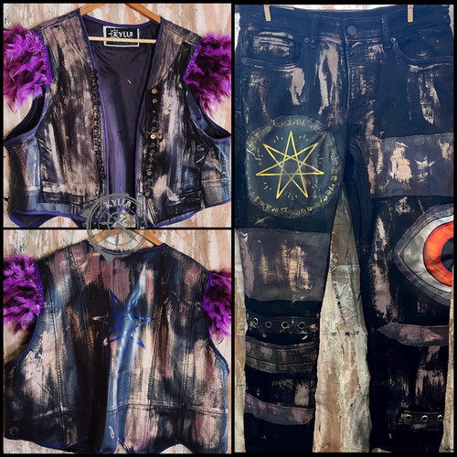 CELESTIA- Space Jester Ring Gear Set of Purple Feather Entrance Vest and Ring Jeans - size L/XL and w34 kylla custom rock wear