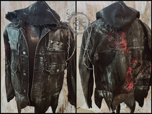 TENEBRAE - shadow wielder hooded denim and leather jacket size unisex 2XL / 3XL kylla custom rock wear jacket