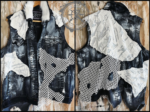 PERMAFROST - hoarfrost denim vest with fishnet and fur accents , size unisex XL / 2XL kylla custom rock wear vest