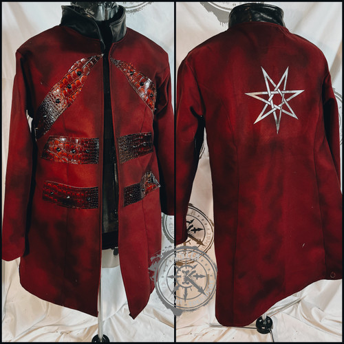 INCENDIUM - fire sorcerer red wool jacket with genuine leather collar, size unisex L/XL