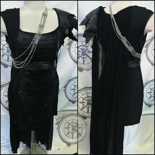 TENEBRAE - Couture SciFi cocktail dress with genuine leather accents, cape, and metal accessories - size 8/10