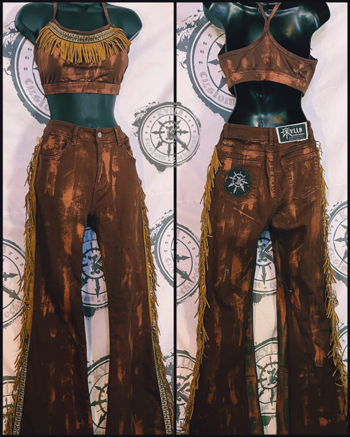 Boho Country Women's Wrestling Gear Set - Bra Top and Ring Jeans with Fringe