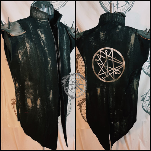 TENEBRAE- vest with military lapels and leather shoulder armor in black and gray with sigil size XL