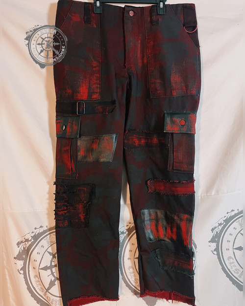 Red distressed denim and leather jeans size w34 ring jeans