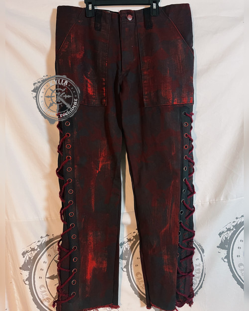 Red distressed denim and leather jeans size w34 ring jeans