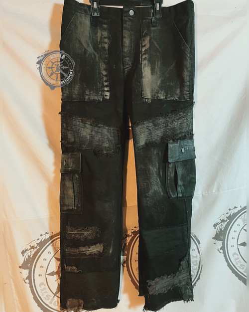 Deep olive green distressed denim and leather cargo jeans size w32 ring jeans