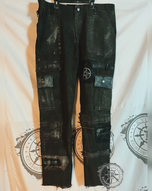 Deep olive green distressed denim and leather cargo jeans size w38 ring jeans