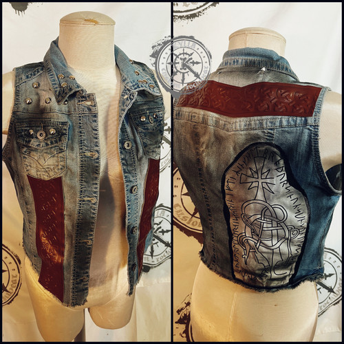 VIKING: Women's denim vest size S with runestone and knotwork trim